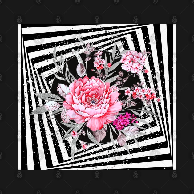 Pink Flowers ,Silver Leaves in Black and White Illusion by Smiling-Faces