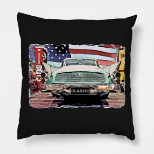 Cartoon Classic Old American Car with American Flag Pillow