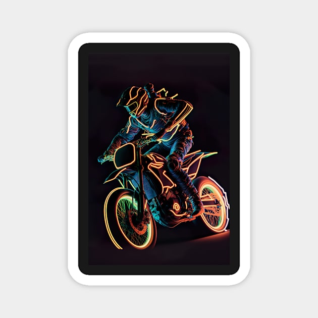 Dirt bike rider - orange and blue neon Magnet by KoolArtDistrict