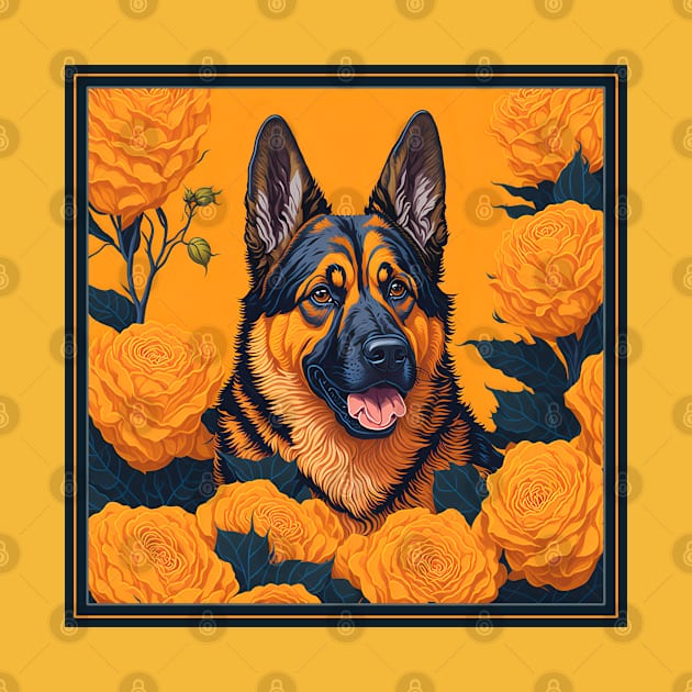 Dogs, shepherd dog and flowers, dog, seamless print, style vector (Yellow version shepherd dog ) by xlhombat