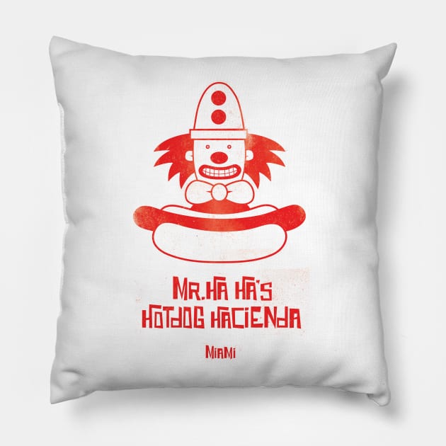 Mr. Ha Ha's Hotdog Hacienda Pillow by kevko76