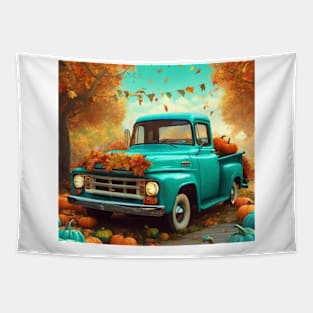 Cute Aqua Blue Vintage Little Pickup Truck Happy Fall Y'All Tapestry