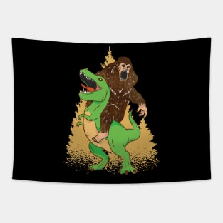 Bigfoot riding T-Rex Dinosaur funny graphic, believe in Sasquatch camping lover cartoon, Men Women Tapestry