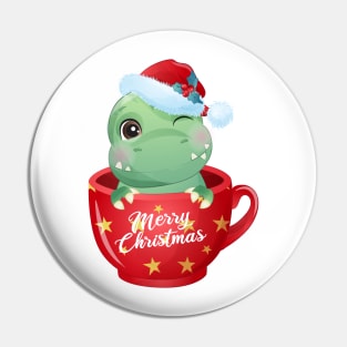 Cute Christmas T Rex Dinosaur In A Cup Pin