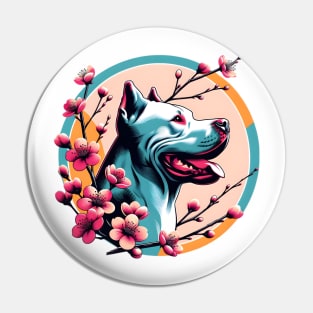 Joyful Dogo Argentino Amidst Spring Cherry Blossoms Pin