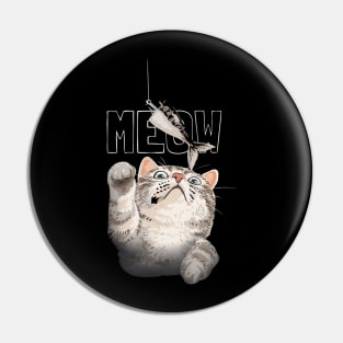 meow slogan with cute cat reaching for fish bait illustration Pin