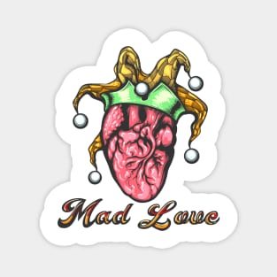 Tattoo of Human Heart with Jester Cap and Wording Mad Love Tattoo drawn in engraving style. Magnet