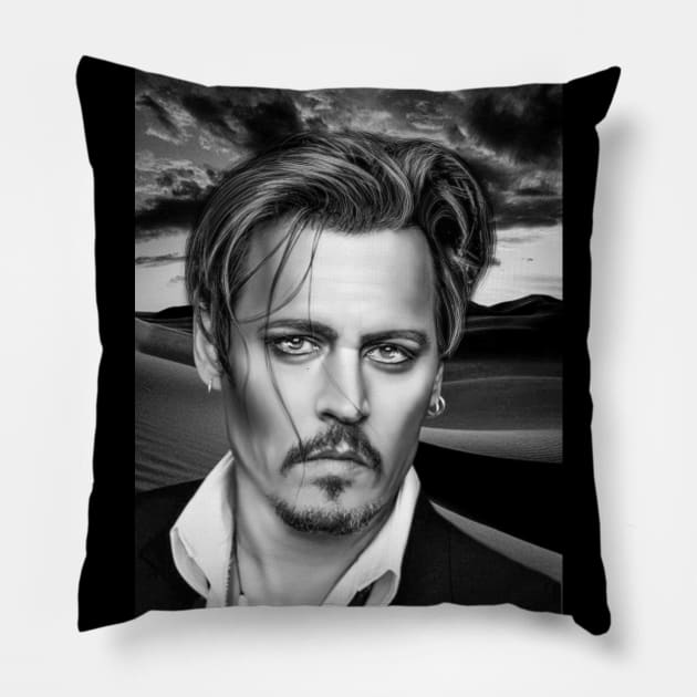 Jonny Portrait Illustration Support Depp Trail Digital Art Pillow by Relaxing Art Shop