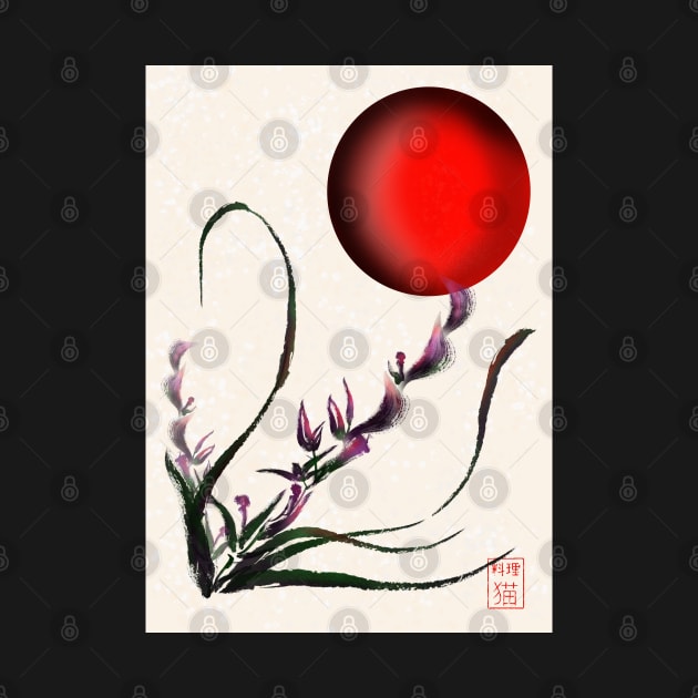 Sumi-e orchid with red rising sun by cuisinecat