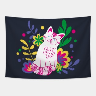 Cute White Cat in Flowers Tapestry