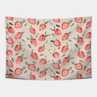 Watercolor painting of tropical strawberries on light pink background Tapestry