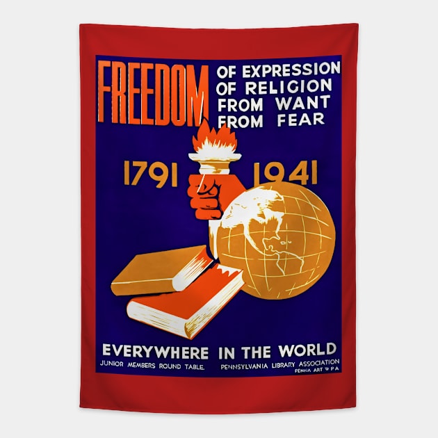 Restored Vintage WPA Poster Listing Freedoms Everywhere In The World Tapestry by vintageposterco