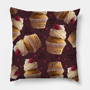 Raspberry Cream Cupcakes Pattern on Dark Pillow