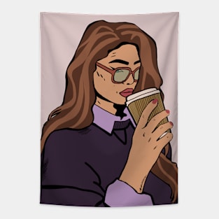 Comic Girl Drink Coffee Black Hair Retro Vintage Style Tapestry