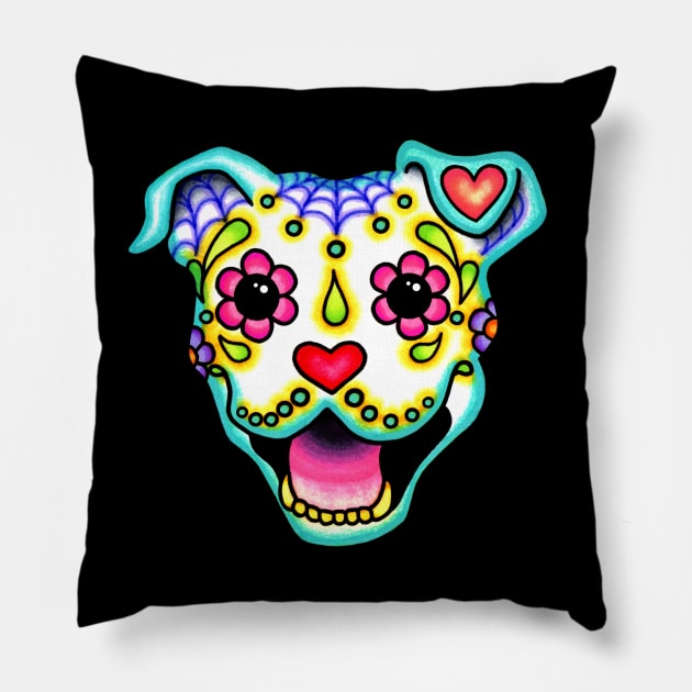 Smiling Pit Bull in White - Day of the Dead Pitbull Sugar Skull Dog Pillow by prettyinink