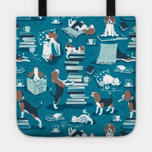 Life is better with books a hot drink and a friend // pattern // turquoise background brown white and blue beagles and cats and aqua cozy details Tote