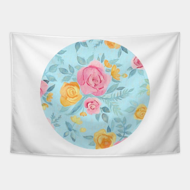 Chalk Pastel Pink & Orange Roses on Sky Blue Tapestry by micklyn