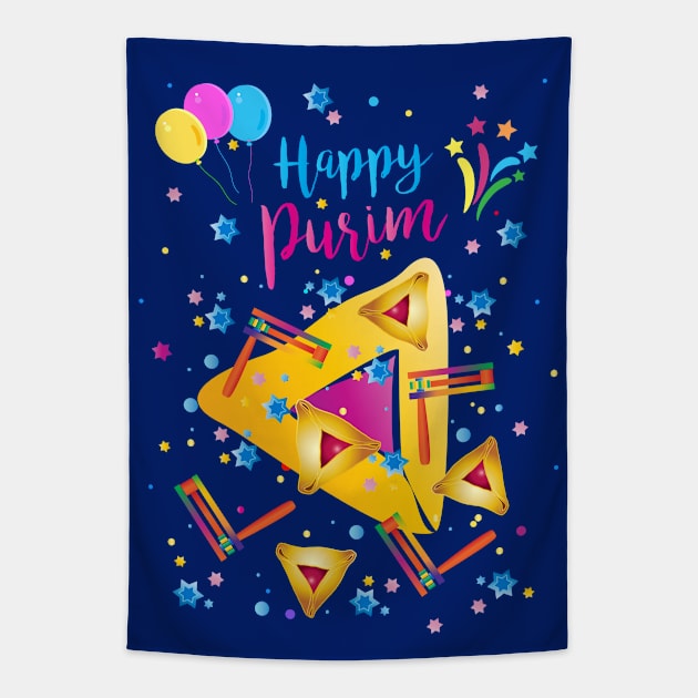 Purim Festival Kids Party Gifts Basket with Hamantaschen cookies, gragger traditional symbols. Jewish Holiday Tapestry by sofiartmedia