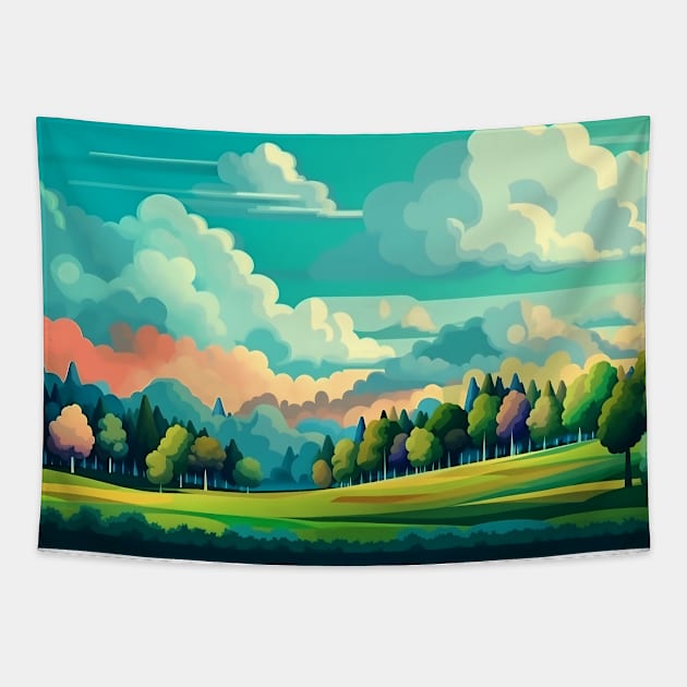 Abstract landscape with hills and trees and cloudy sky. Tapestry by osadchyii