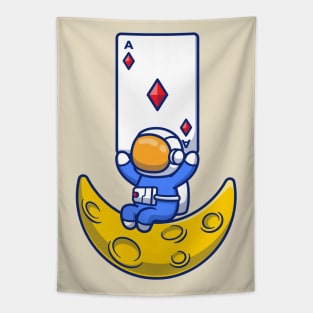 Cute Astronaut Holding Diamond Card On Moon Tapestry