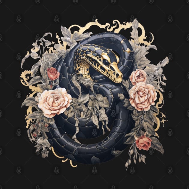 Snake And Roses Black And Gold by Nightarcade