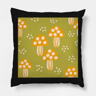 Forest of mushrooms in mustard, cream and green Pillow