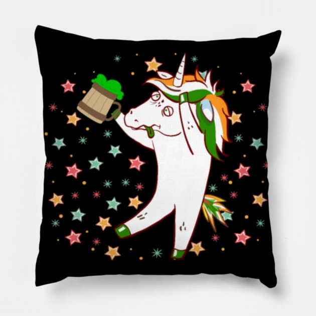 Drunk Unicorn with Beer Funny St Patricks Day Pillow by Nulian Sanchez