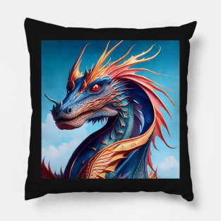 Intricate Gold and Blue Scaled Dragon Pillow