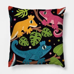 Colourful Crested Geckos with Jungle Leaves and Stars on Black Pillow