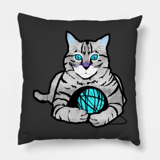 Gray Tabby Cat With Yarn Pillow