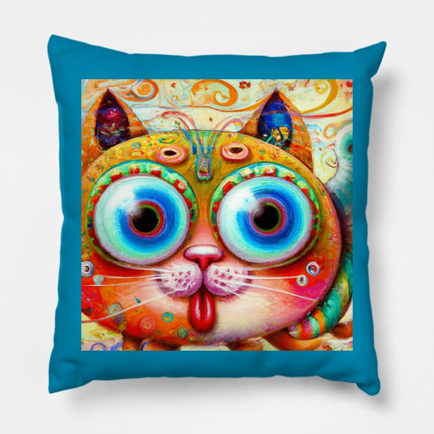 Chaotic and Colorful Fantasy Cat sticking out its Tongue Pillow by Christine aka stine1