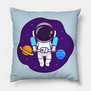 Cute Astronaut Floating In Space With Popsicle Ice Cream Cartoon Pillow