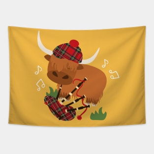 Highland Cattle Play Bagpipes - Orange Tapestry