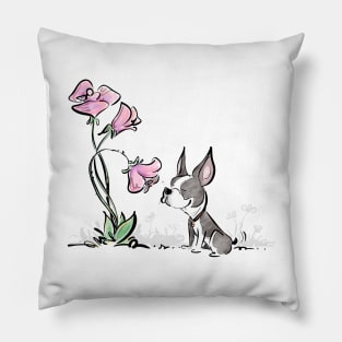 Boston Terrier Smelling Flowers (Color Version) Pillow