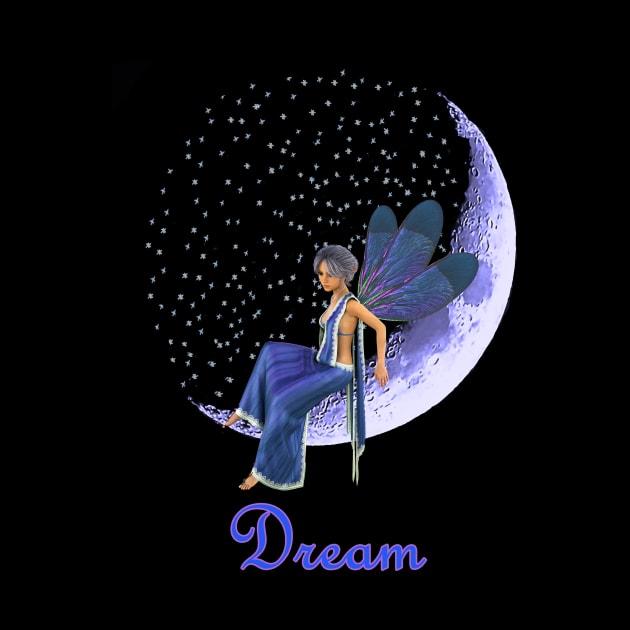 Fairy faerie elf sitting on sickle moon with stars saying dream by Fantasyart123