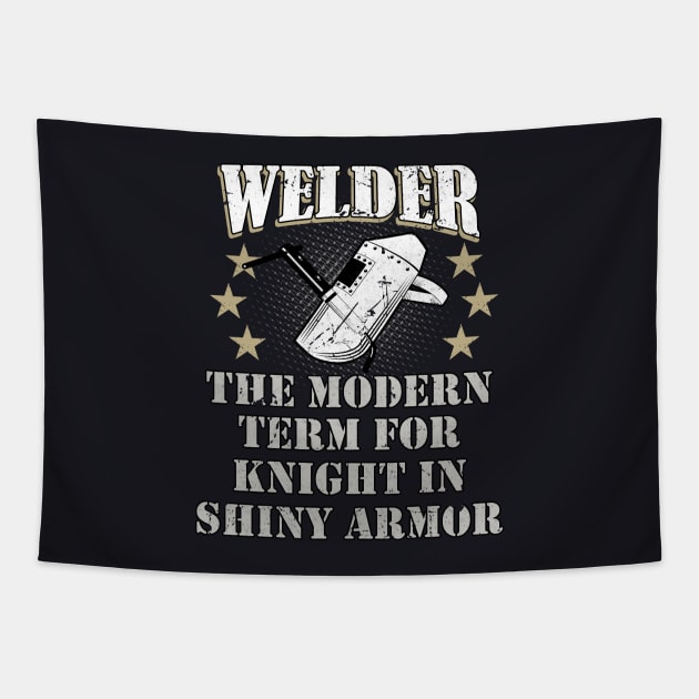 Welder Knight in shiny Armor Tapestry by Foxxy Merch