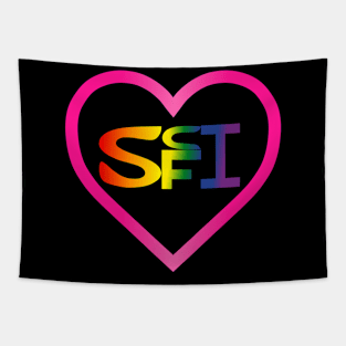 six colors rainbow scifi text inside pink heart outline Tapestry