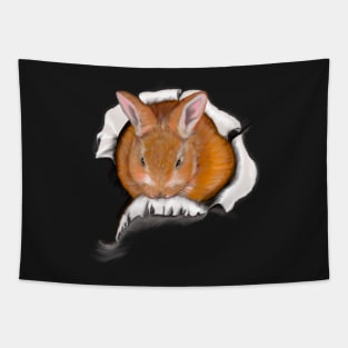 Ginger bunny rabbit bursting through hole   - cute ginger bunny rabbit black background Tapestry