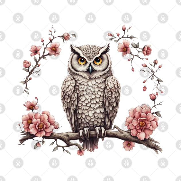 Owl on a tree branch flowers by JnS Merch Store