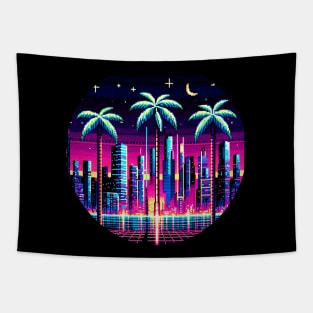 Cyber Palms - 8-Bit Neon Cityscape with Futuristic Palm Trees Tapestry
