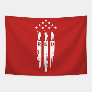 RED Remember Everyone Deployed Three Soldiers White Print Tapestry