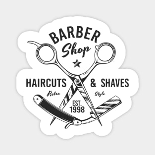 Barbershop print with scissors. Monochrome retro design. Magnet