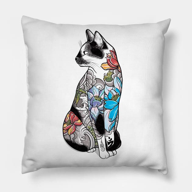 Cat in Lotus Tattoo Pillow by runcatrun