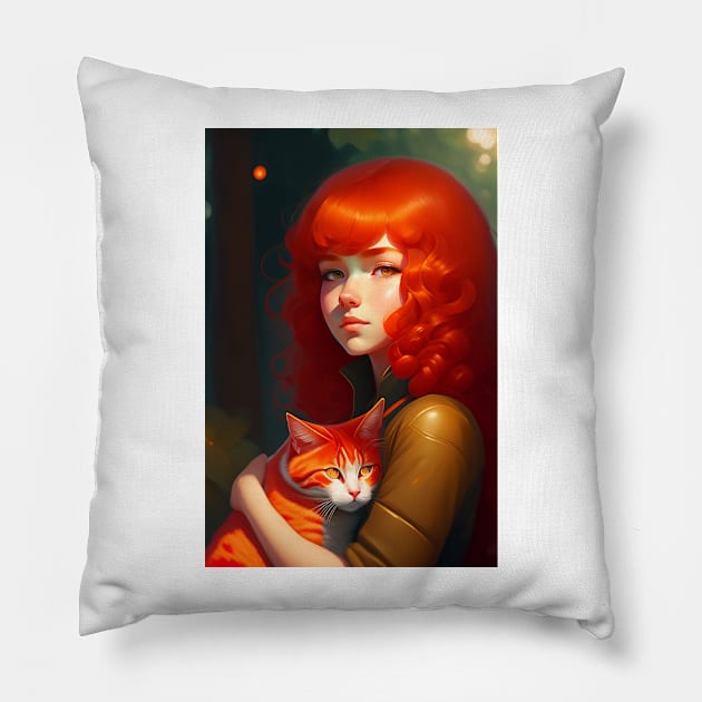A red curly hair girl holds a red cat Pillow by Fun and Cool Tees