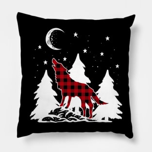 Buffalo Plaid Wolf Howling Christmas Matching Family Pajama Pillow