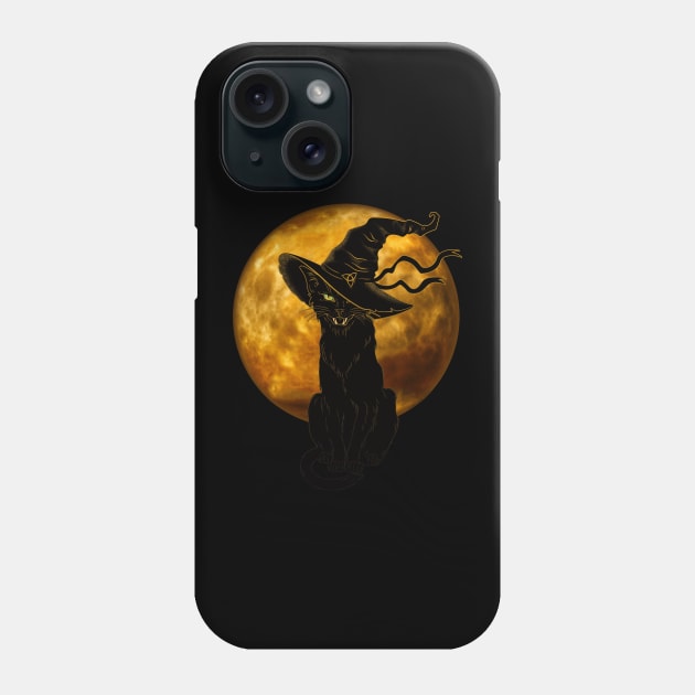 Beautiful Halloween Black Cat with Witch Hat and Full Moon Phone Case by Dibble Dabble Designs