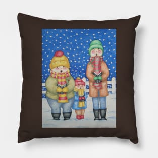 cute illustration of carol singers in the snow at Christmas Pillow