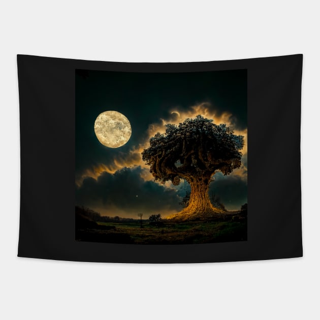 Large old oak tree at night surrounded by glowing magic mushrooms on the ground and a full moon in the sky with fractal clouds Tapestry by Riverside-Moon