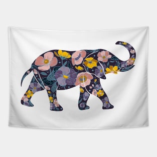 Floral Elephant Silhouette - Blue Tapestry