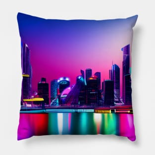 Ai Generated Art Scenery - Futuristic City With Beatiful Lighting Behind Iluminated River Pillow